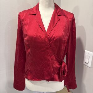Spenser Jeremy Red Silk Sz 8 Long Sleeve Wrap Blouse Lined shirt top